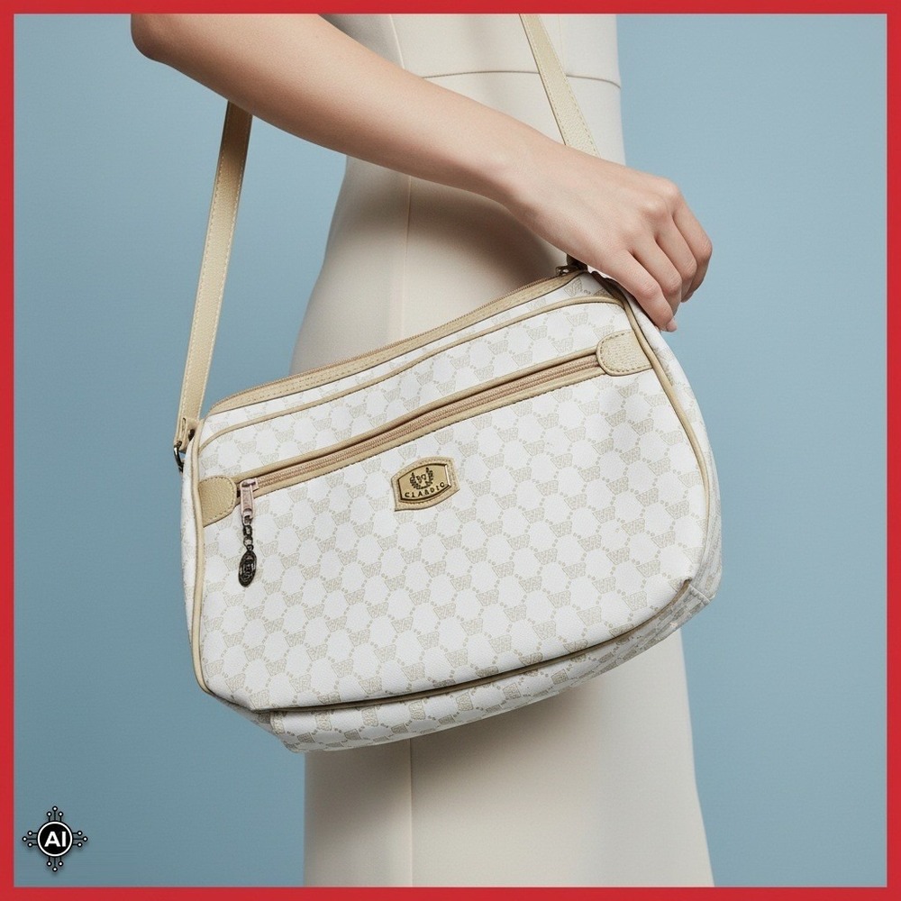 Desiree VR Classic Crossbody Bag Monogram Logo White Beige Faux Leather‎ Purse